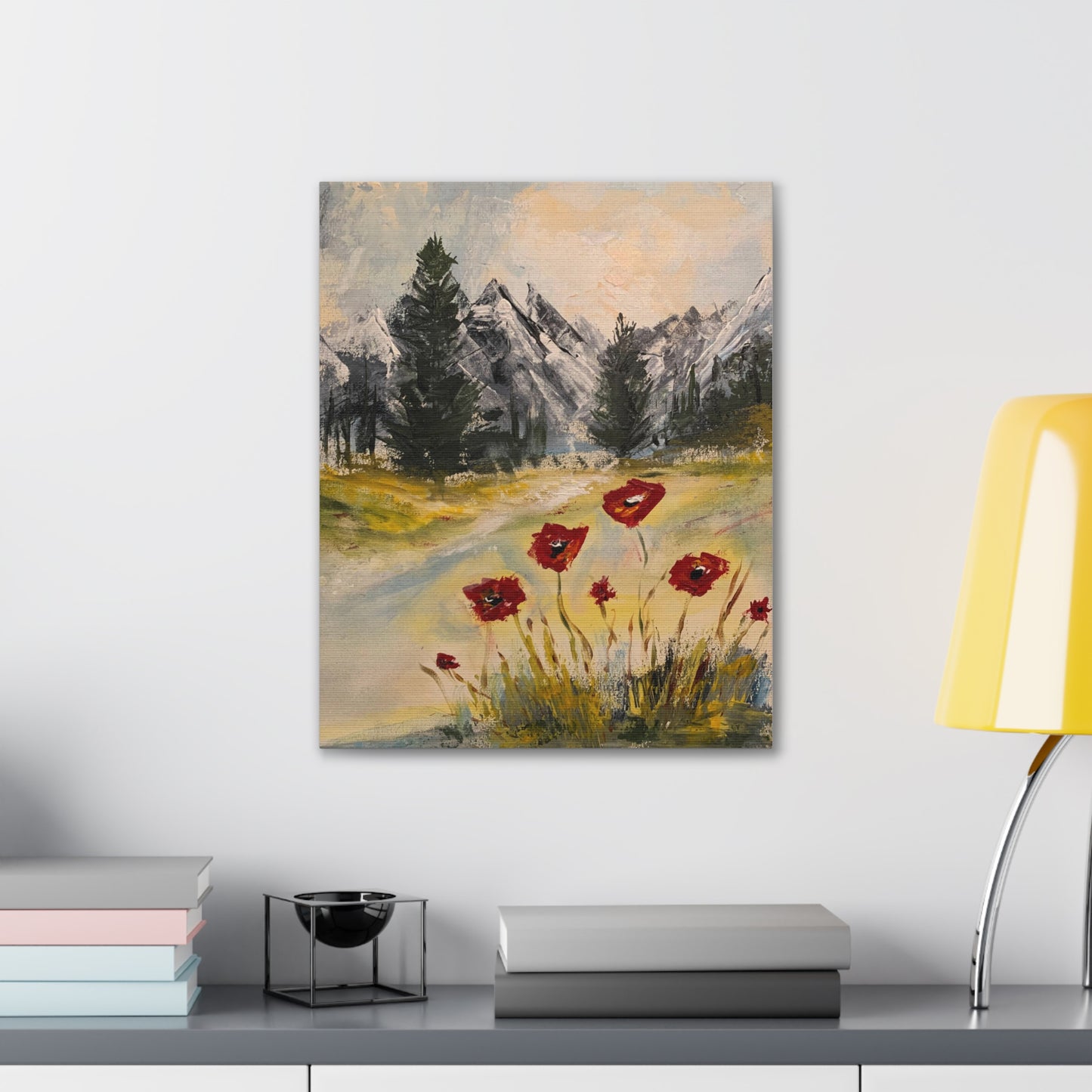 Mountain Majesty: Crimson Blooms and Pine Peaks