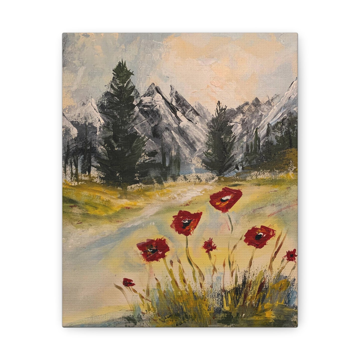 Mountain Majesty: Crimson Blooms and Pine Peaks