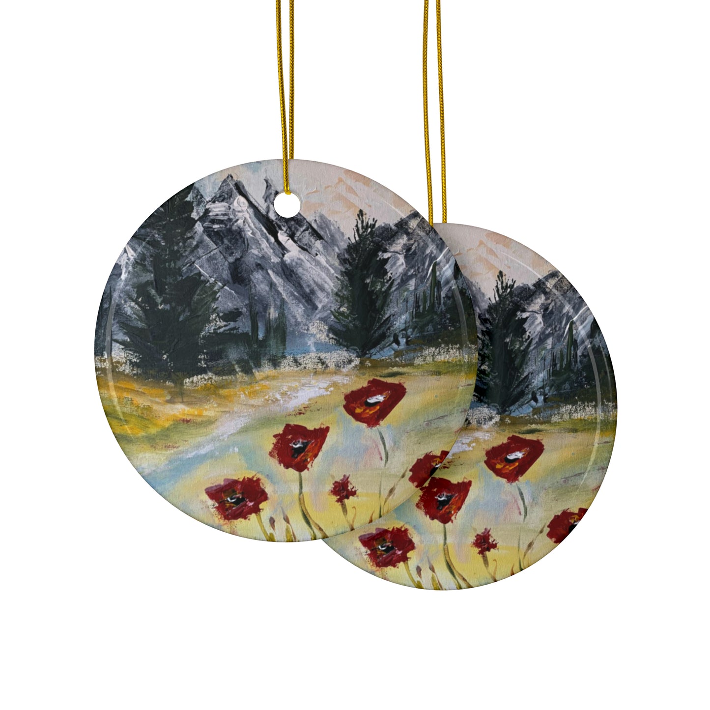 Mountain Majesty: Crimson Blooms and Pine Peaks (Ceramic Ornaments (1pc, 3pcs, 5pcs, 10pcs))