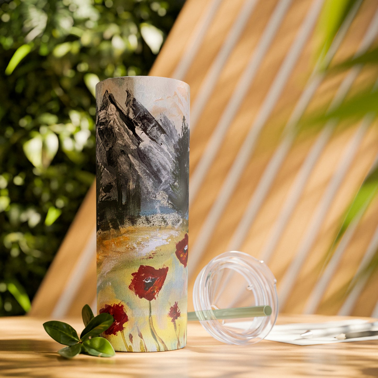 Mountain Majesty: Crimson Blooms and Pine Peaks (Skinny Tumbler with Straw, 20oz)