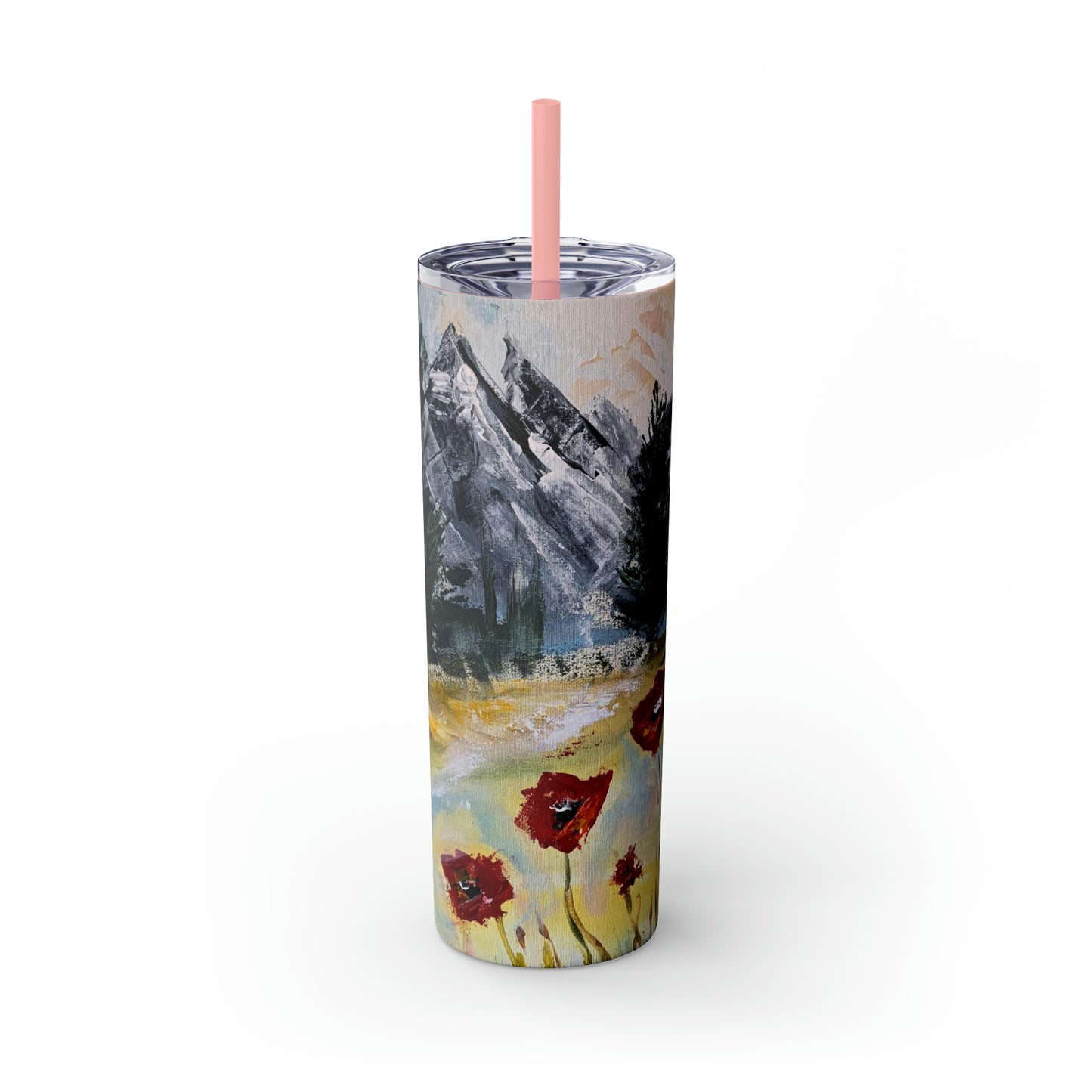 Mountain Majesty: Crimson Blooms and Pine Peaks (Skinny Tumbler with Straw, 20oz)