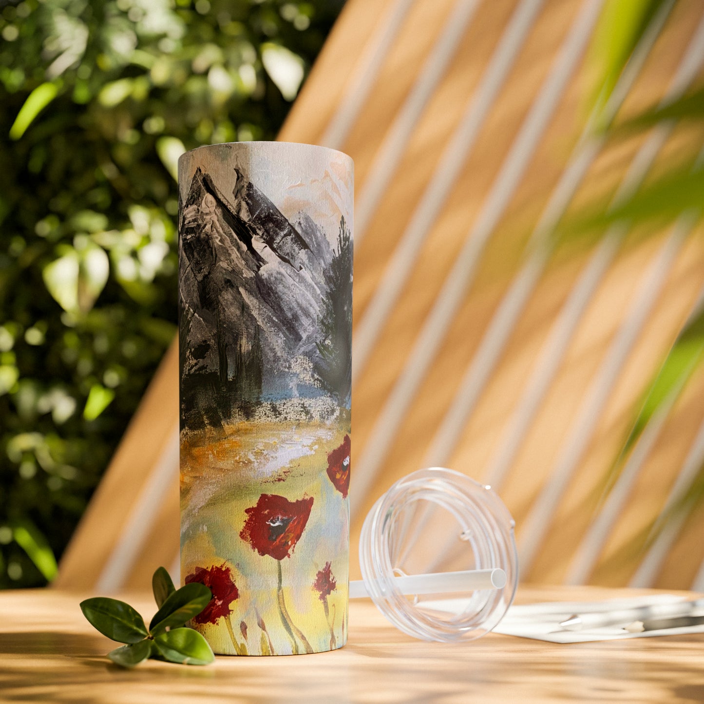 Mountain Majesty: Crimson Blooms and Pine Peaks (Skinny Tumbler with Straw, 20oz)