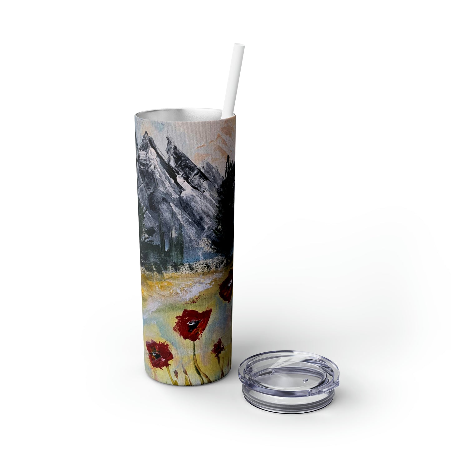 Mountain Majesty: Crimson Blooms and Pine Peaks (Skinny Tumbler with Straw, 20oz)