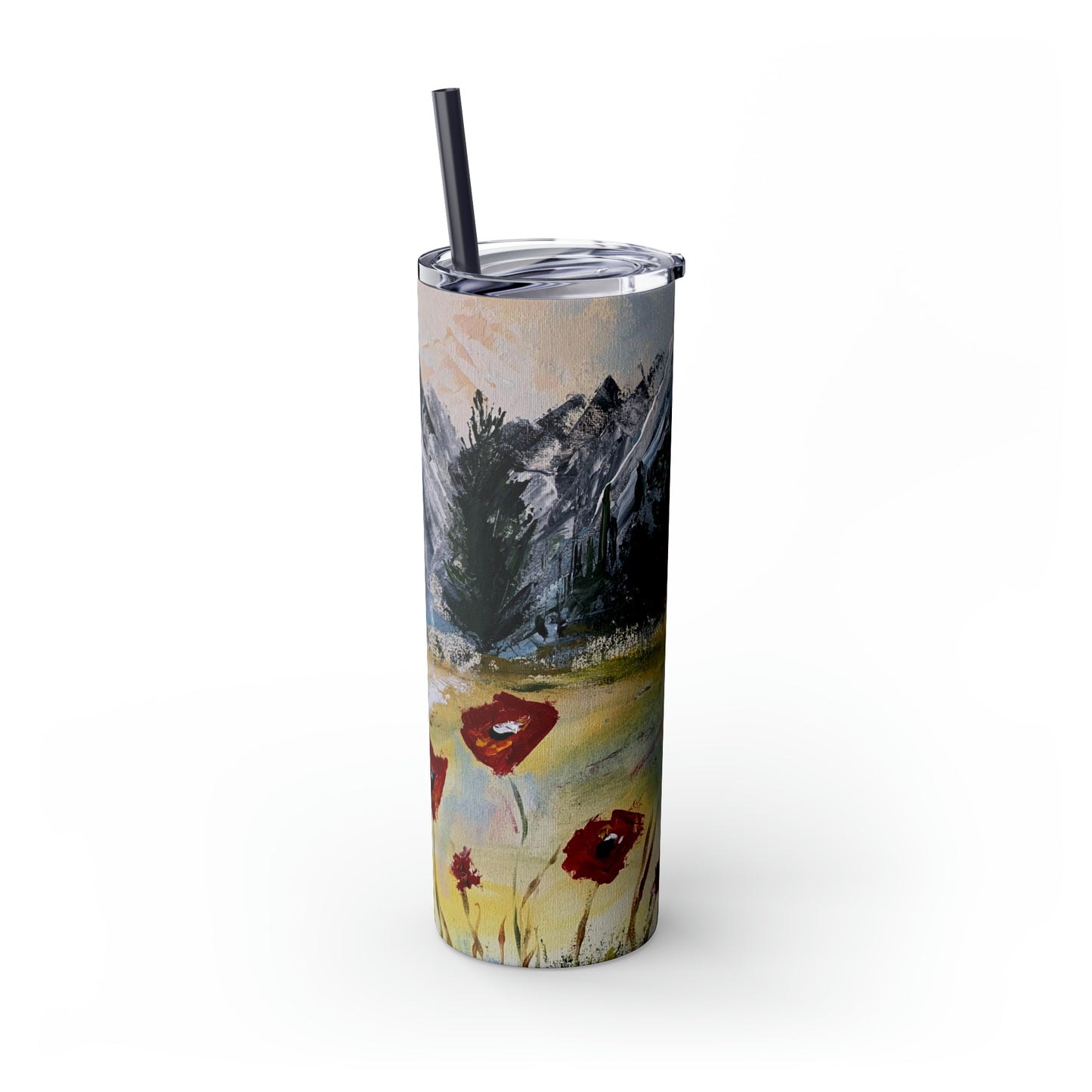 Mountain Majesty: Crimson Blooms and Pine Peaks (Skinny Tumbler with Straw, 20oz)