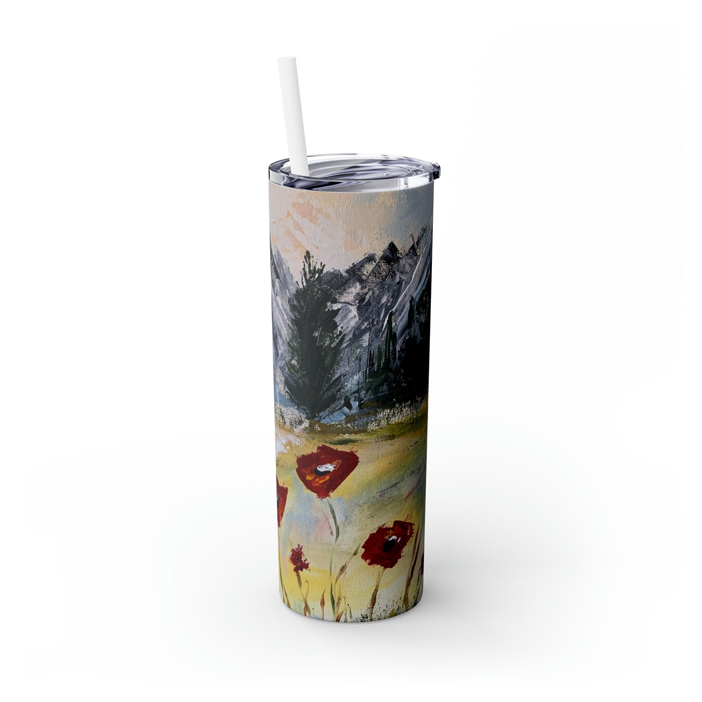 Mountain Majesty: Crimson Blooms and Pine Peaks (Skinny Tumbler with Straw, 20oz)