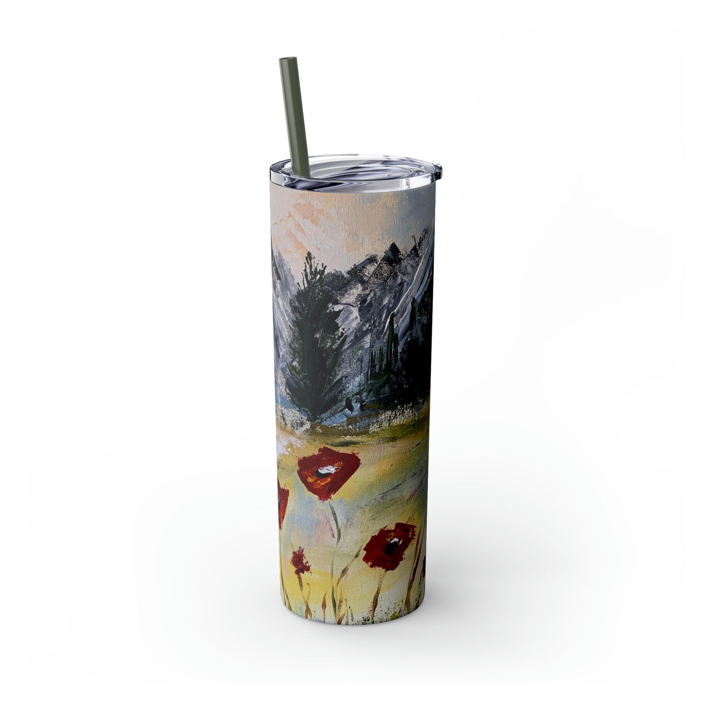 Mountain Majesty: Crimson Blooms and Pine Peaks (Skinny Tumbler with Straw, 20oz)