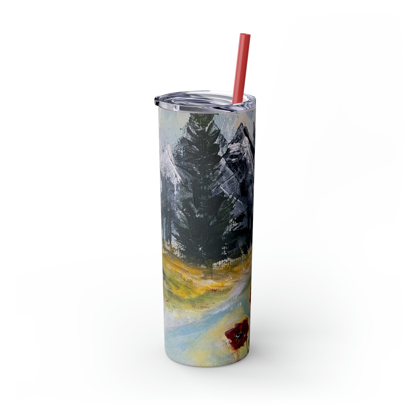 Mountain Majesty: Crimson Blooms and Pine Peaks (Skinny Tumbler with Straw, 20oz)