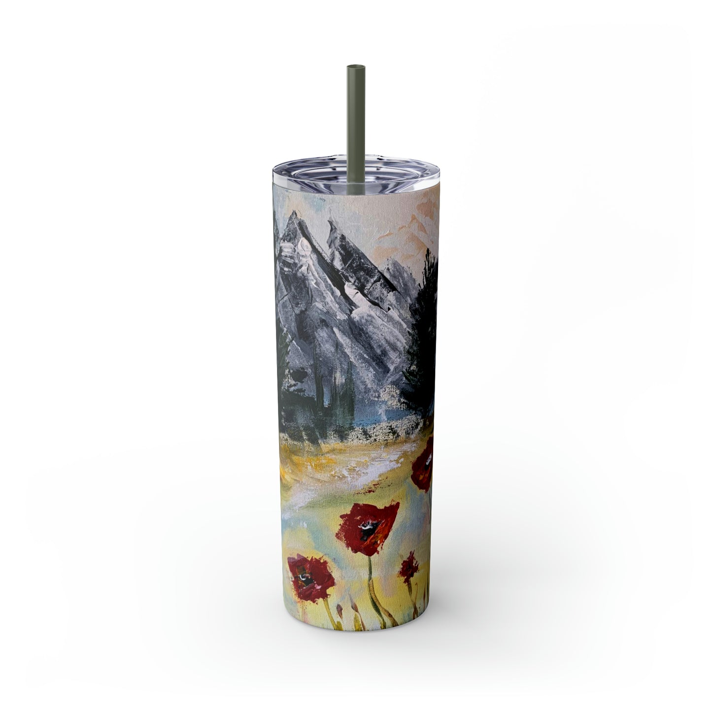 Mountain Majesty: Crimson Blooms and Pine Peaks (Skinny Tumbler with Straw, 20oz)