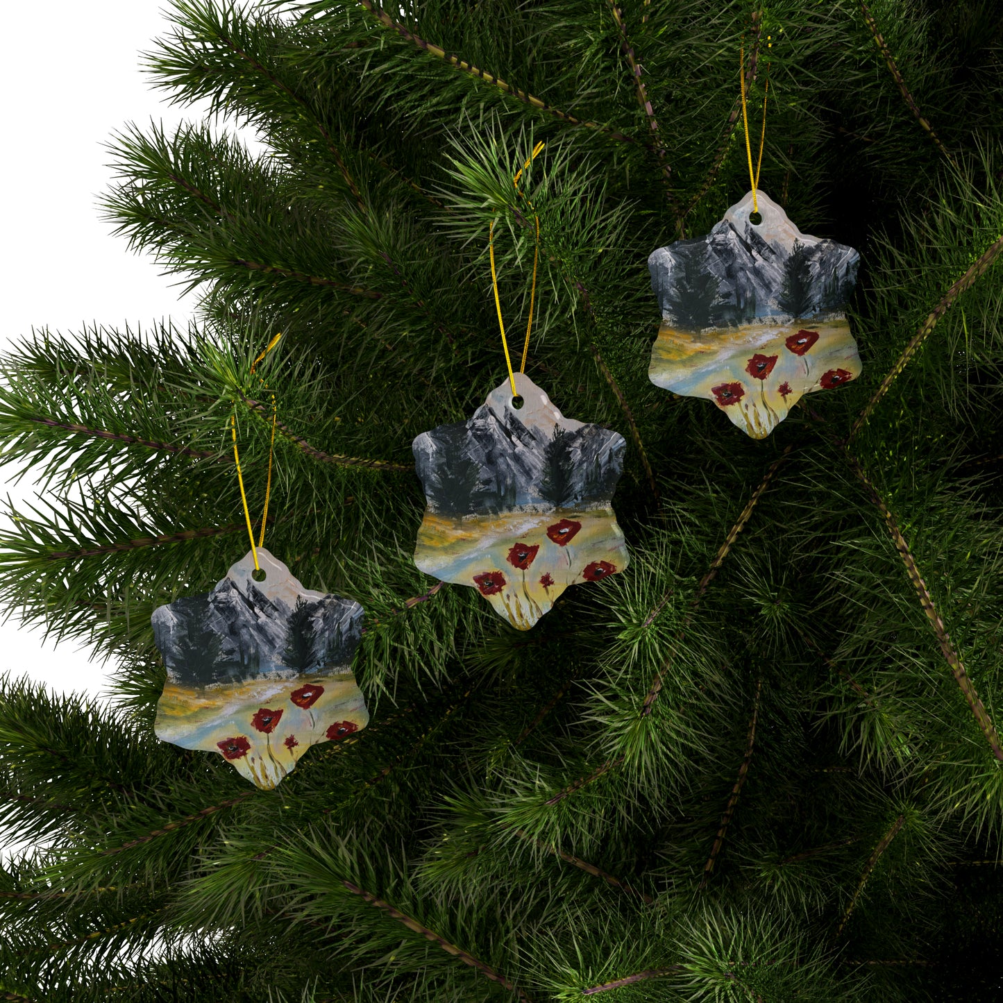 Mountain Majesty: Crimson Blooms and Pine Peaks (Ceramic Ornaments (1pc, 3pcs, 5pcs, 10pcs))