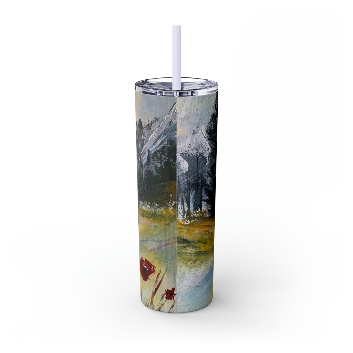 Mountain Majesty: Crimson Blooms and Pine Peaks (Skinny Tumbler with Straw, 20oz)