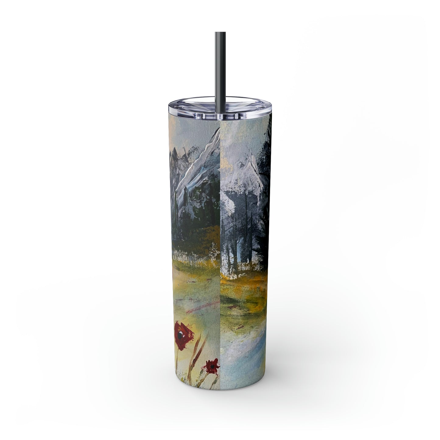 Mountain Majesty: Crimson Blooms and Pine Peaks (Skinny Tumbler with Straw, 20oz)