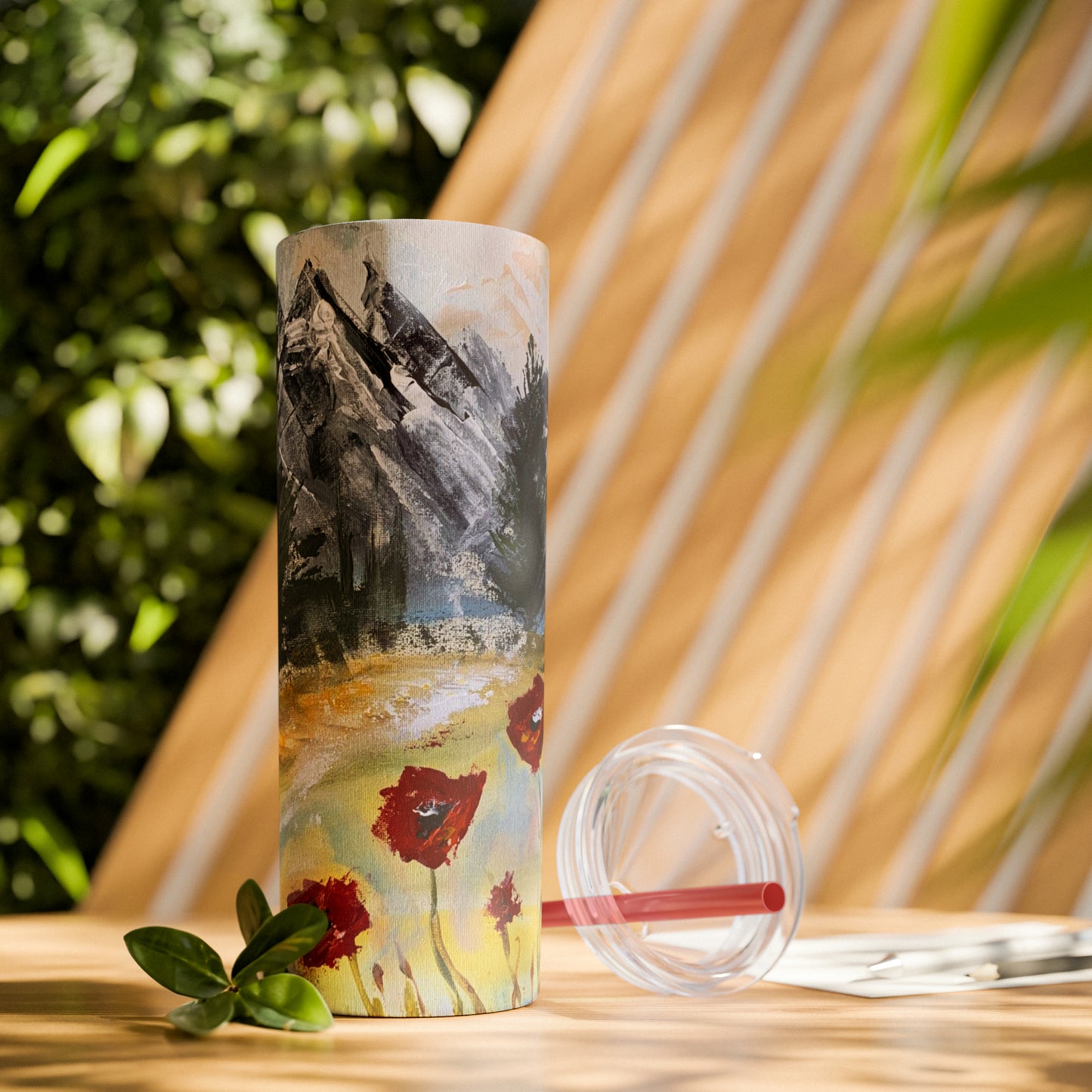 Mountain Majesty: Crimson Blooms and Pine Peaks (Skinny Tumbler with Straw, 20oz)