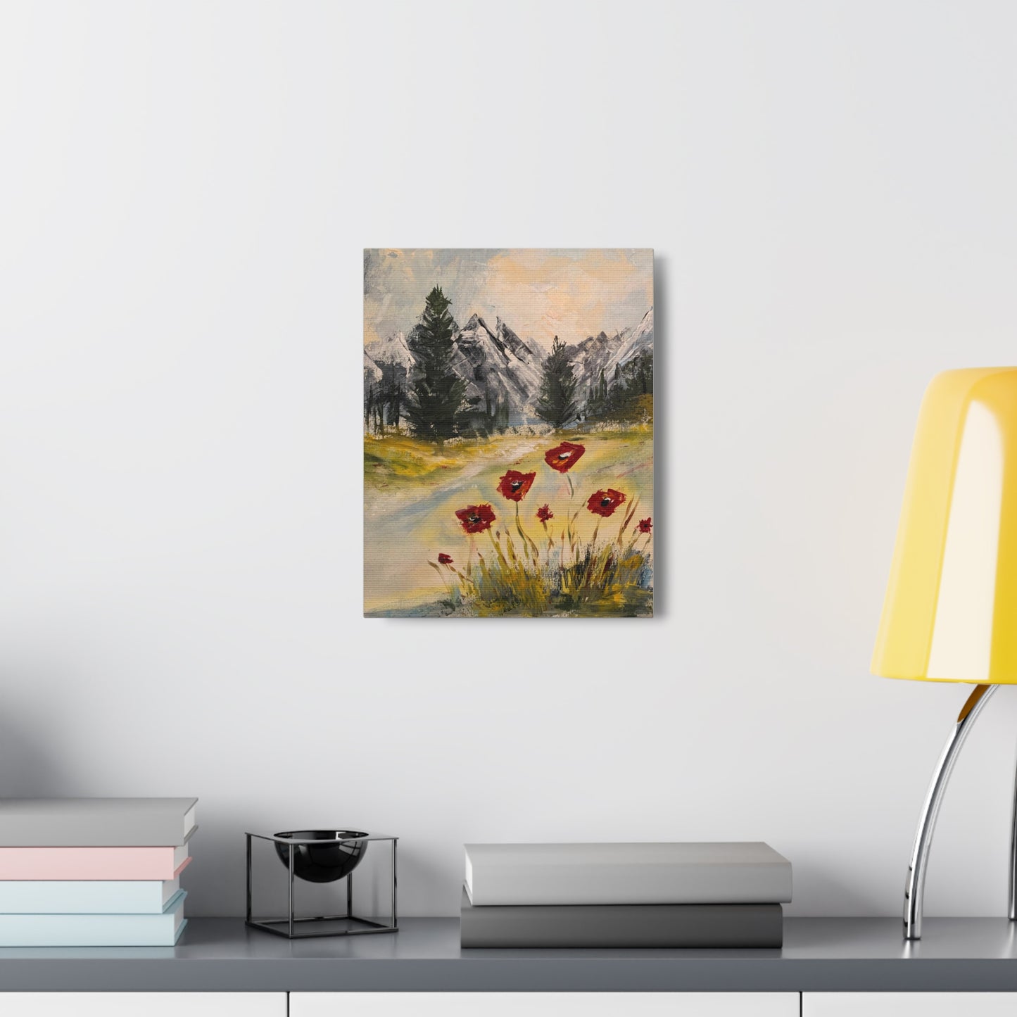 Mountain Majesty: Crimson Blooms and Pine Peaks