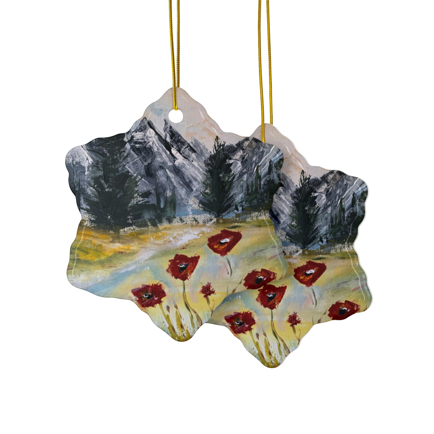 Mountain Majesty: Crimson Blooms and Pine Peaks (Ceramic Ornaments (1pc, 3pcs, 5pcs, 10pcs))