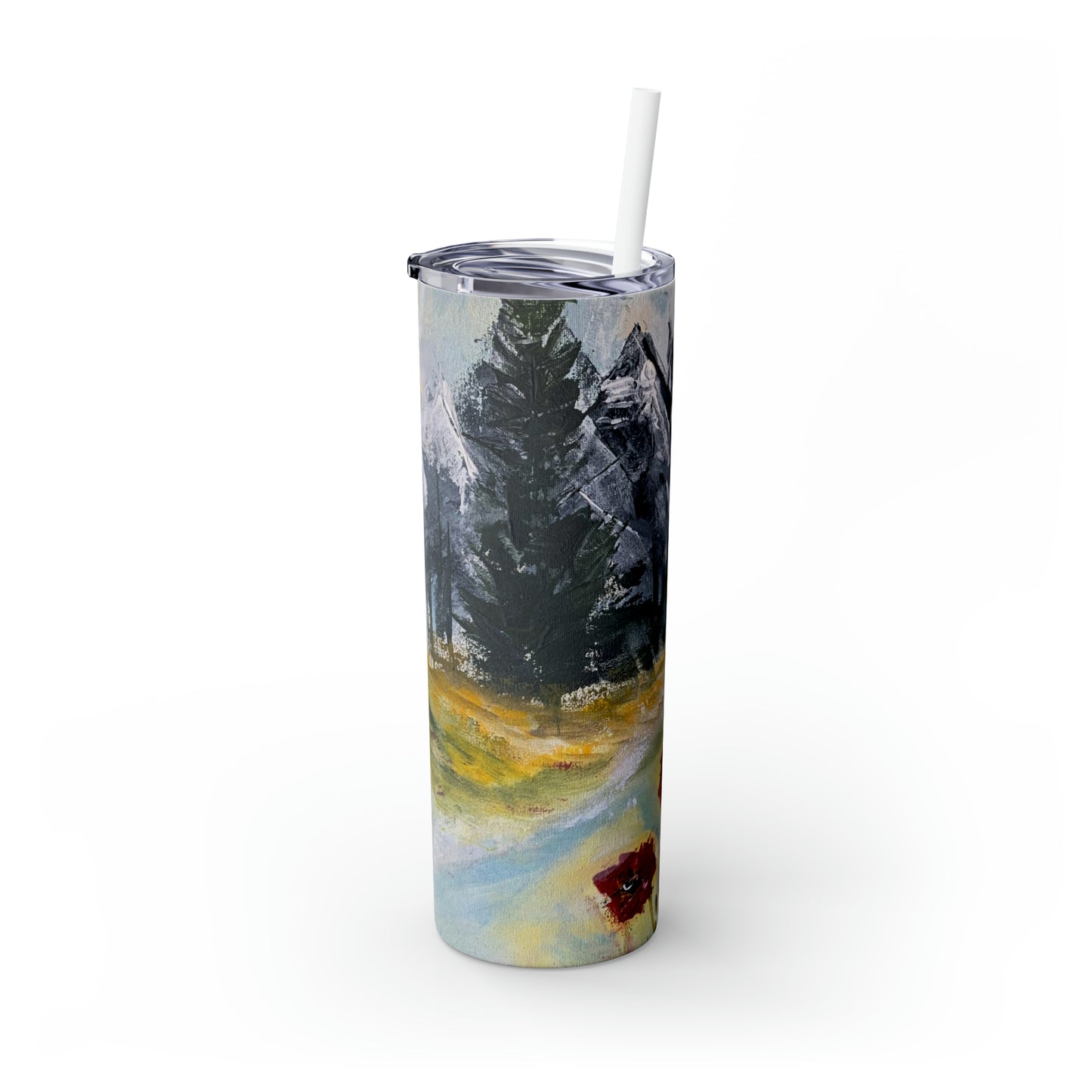 Mountain Majesty: Crimson Blooms and Pine Peaks (Skinny Tumbler with Straw, 20oz)