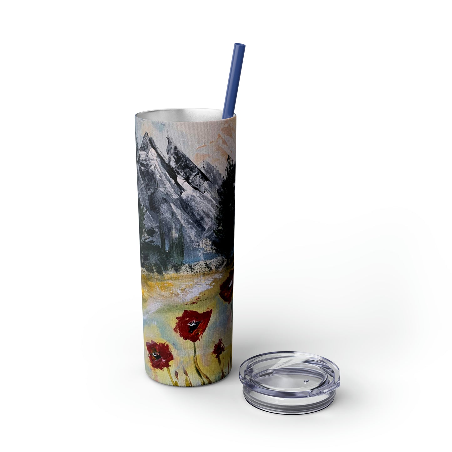 Mountain Majesty: Crimson Blooms and Pine Peaks (Skinny Tumbler with Straw, 20oz)