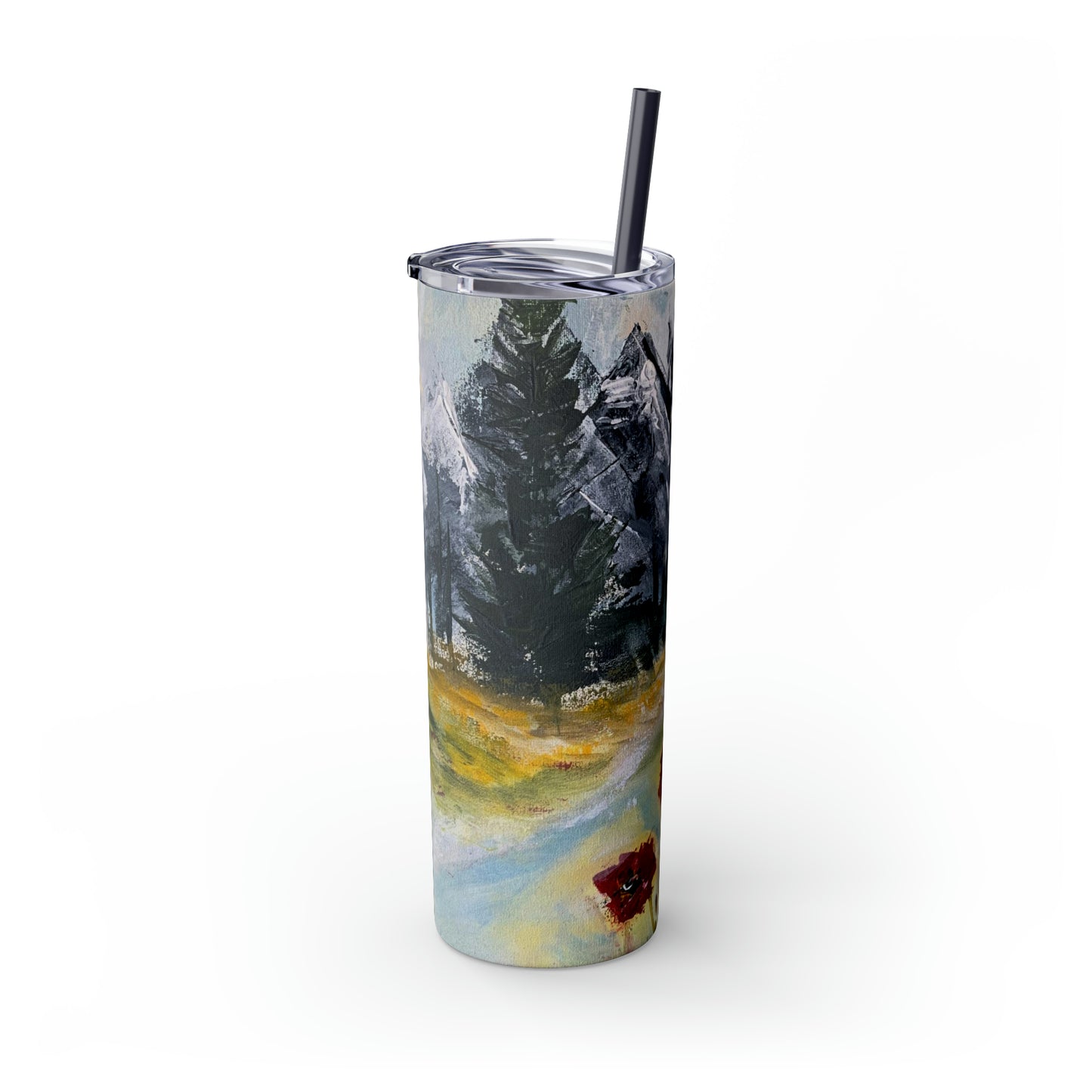 Mountain Majesty: Crimson Blooms and Pine Peaks (Skinny Tumbler with Straw, 20oz)