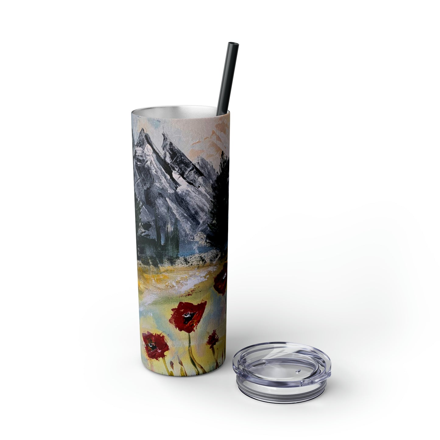 Mountain Majesty: Crimson Blooms and Pine Peaks (Skinny Tumbler with Straw, 20oz)