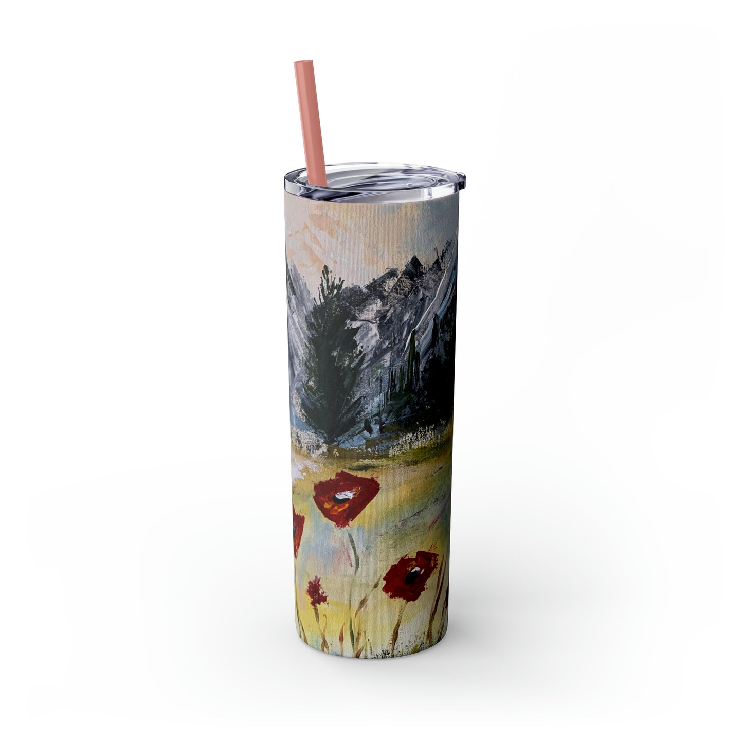 Mountain Majesty: Crimson Blooms and Pine Peaks (Skinny Tumbler with Straw, 20oz)