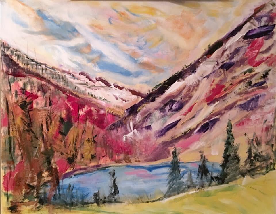 Ruby Horizons: Pines by the Lake -  from [store] by Janice Priddy Paintings - 